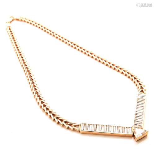 Diamond, 14k Yellow Gold "V" Necklace.