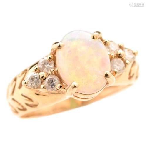 Opal, Diamond, 14k Yellow Gold Ring.