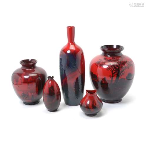 Five Royal Doulton Flambe Red and Black Vases