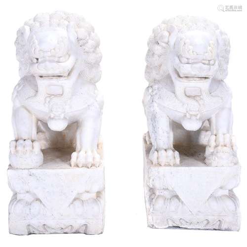 Pair of Large White Marble Guardian Lions, 20th Century
