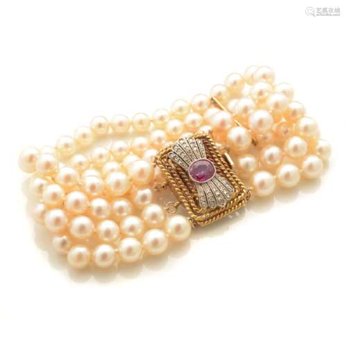 Cultured Pearl, Ruby, Diamond, 14k Gold Bracelet.