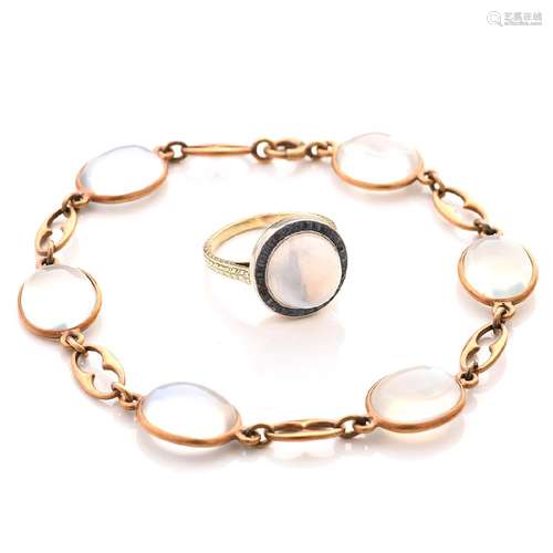 Moonstone, Sapphire, 14k Yellow Gold Jewelry Suite.