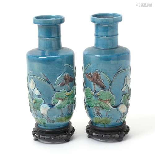 Pair of Turquoise Glazed Rouleau Vases, Late 19th/Early