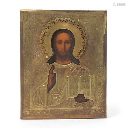 Russian Gilt Brass Oklad Icon of Jesus