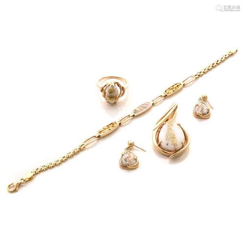 Gold-n-Quartz, Diamond, 14k Yellow Gold Jewelry Suite.