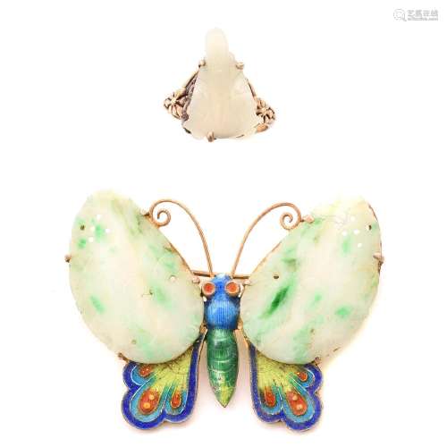 Carved Jade, Enamel, Silver-Gilt Butterfly Brooch