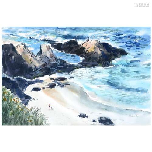 Wayne Lacom "Coastal Scene with Figures" watercolor