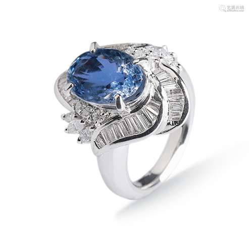 斯里兰卡6.92克拉蓝宝石镶1.41克拉镶铂金钻石戒指