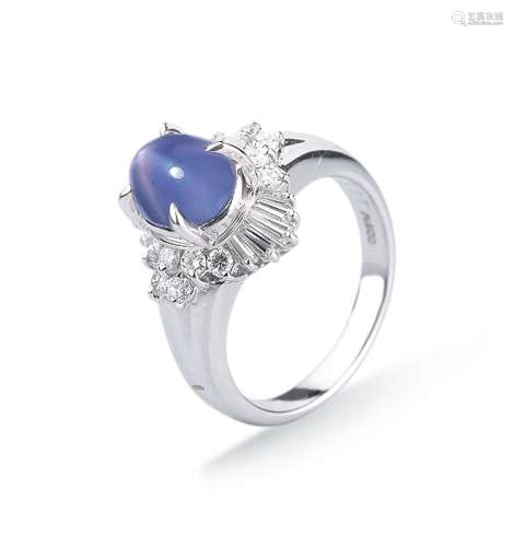 斯里兰卡3.27克拉星光蓝宝石镶铂金钻石戒指
