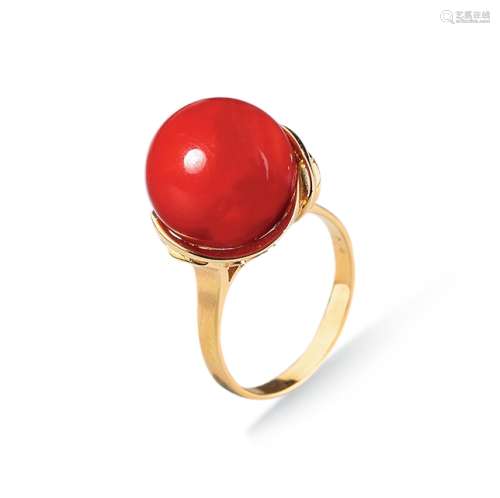 意大利沙丁红珊瑚12.6咪圆珠镶18k金戒指