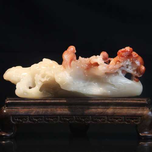 【收藏珍品】寿山石雕摆件老坑结晶芙蓉石俏色镂雕“鸟语花香”