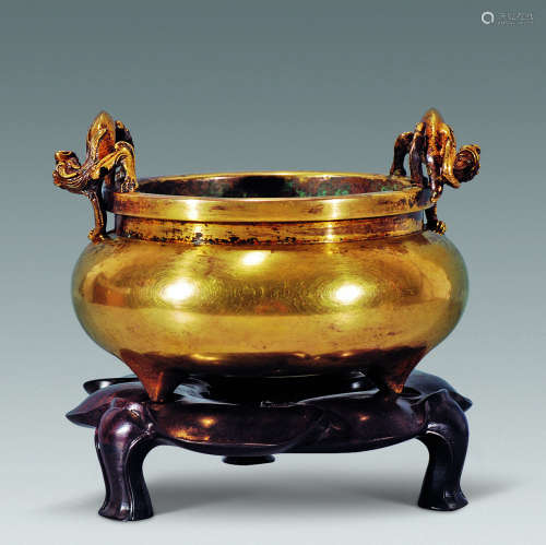 清中期 铜鎏金螭耳炉