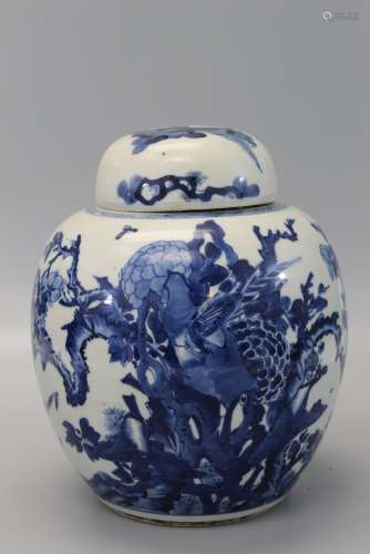 Chinese blue and white porcelain jar with lid. Kangxi