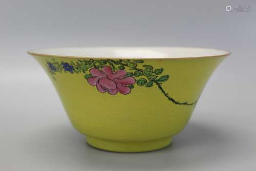 Chinese yellow glaze famille rose porcelain bowl,