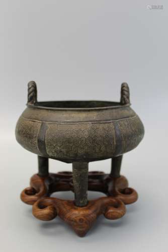 Chinese tripod bronze incense burner with Huanghuali