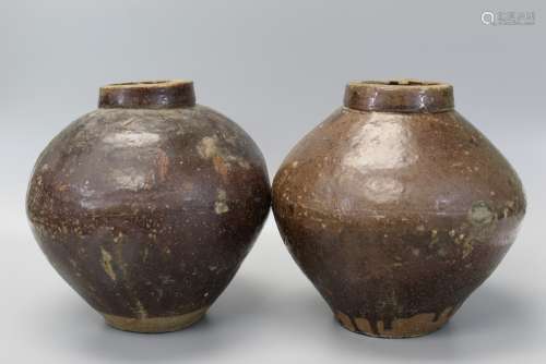 Pair Antique Thai Sawankhalok Brown Glazed Pottery