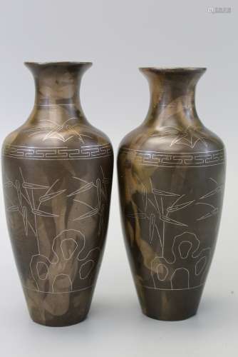 Pair of Chinese bronze with silver inlaid vases, marked