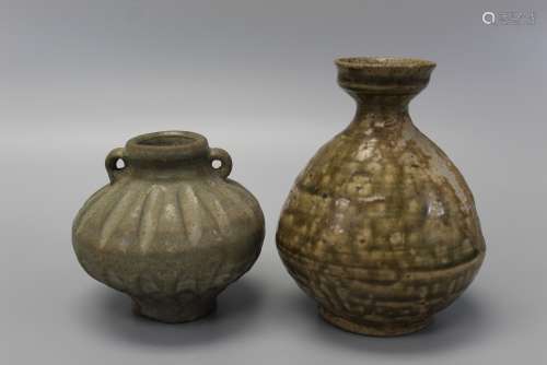 Antique Chinese celadon pottery jar and vase.