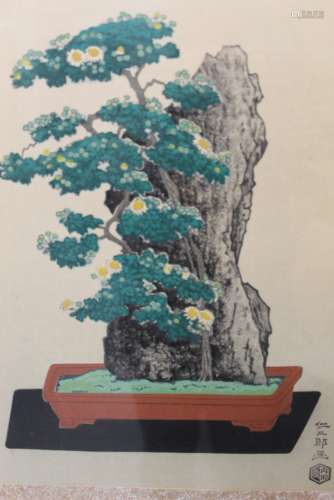 Japanese wood block of bonsai