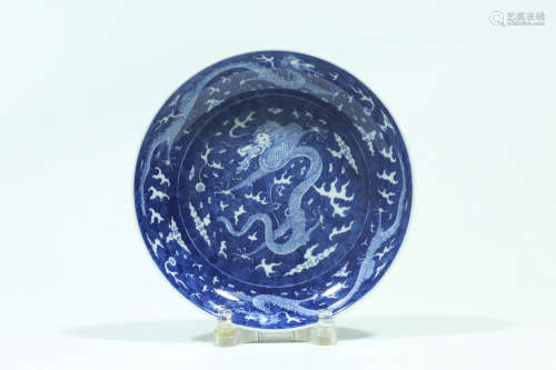 Chinese blue and white porcelain dragon plate.