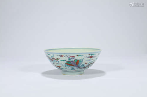 Chinese Doucai porcelain bowl with phoenix decoration.