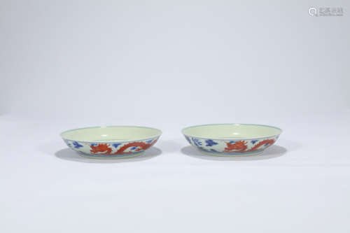 Pair of Chinese blue and white and iron red porcelain