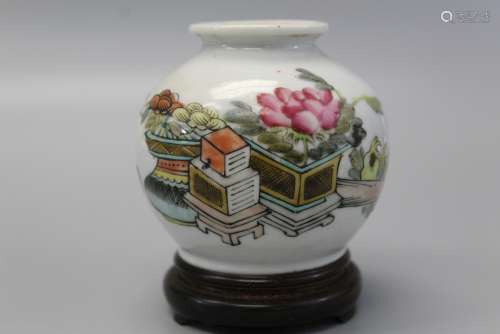 Chinese famille rose porcelain jar with wood stand.