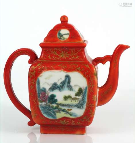 Chinese famille rose porcelain teapot, Iron red mark.