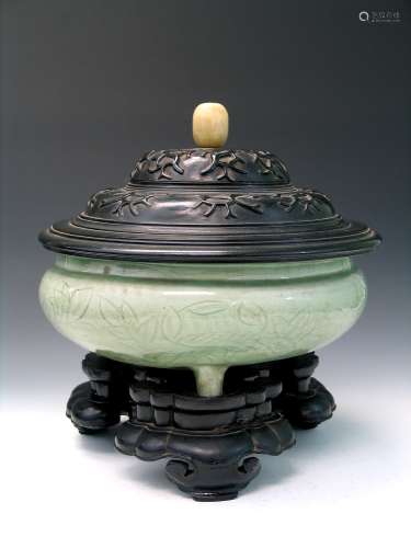 Chinese Celadon Porcelain Incense Burner with Wood