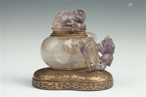 Antique Chinese Amethyst Gilt Bronze Mounted Inkwell,