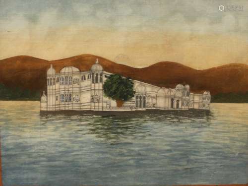 Lake Palace Hotel, Indian miniature painting on silk,