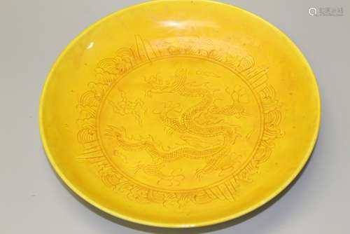 Chinese yellow glaze porcelain plate, marked.