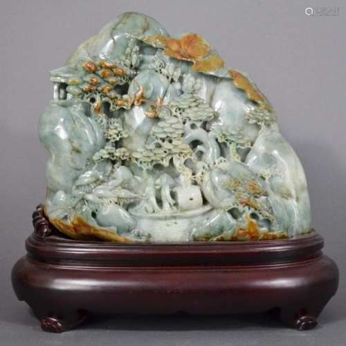 A JADE CARVING OF MOUNTAIN AND STAND