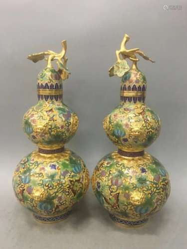 A PAIR OF GILT-DECORATED CLOISONNE GOURD VASES