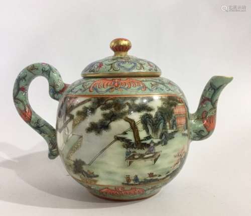 A FAMILLE ROSE INSCRIBED TEA POT AND COVER