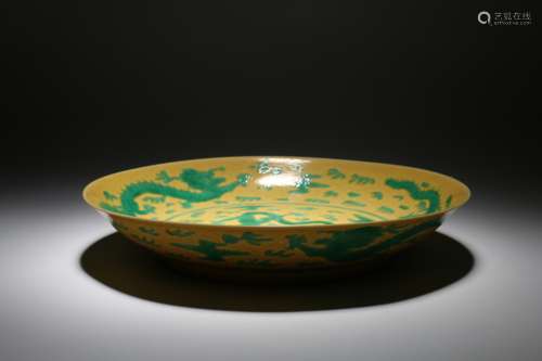 A Chinese Yellow Ground Famille Rose Porcelain Plate