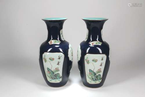 A Pair of Chinese Blue Ground Famille Rose Porcelain Vses