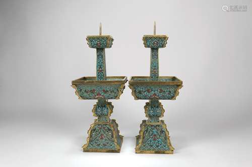 A Pair of Chinese Cloisonné Candlesticks