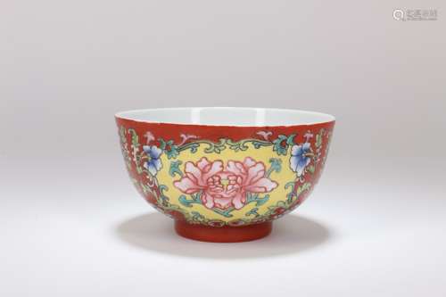 A Red Ground Faille Rose Porcelain Bowl