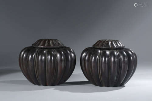 A Pair of Chinese Carved Zitan Jars