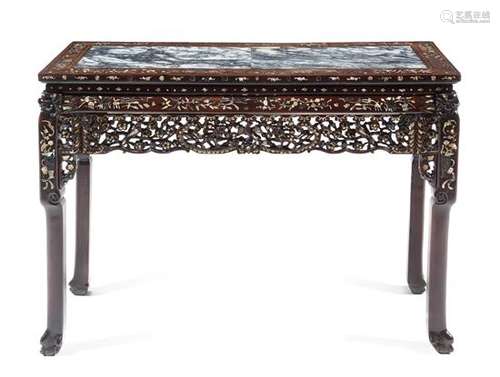 A Chinese Rosewood Table with Pearl Mother and Marble Inlaided