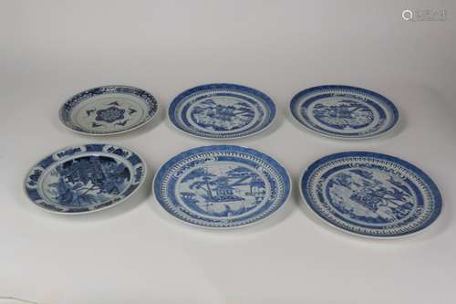 A Set of Six Chinese Blue and White Porcelain Plates