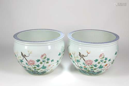 A Pair of Famille Rose Flower Pots