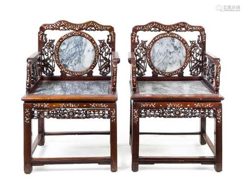 A Pair of Chinese Rosewood Chairs with Pearl Mother and Marble Inlaided