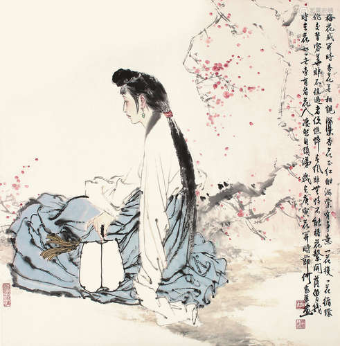 何家英 桃花仕女 纸本立轴