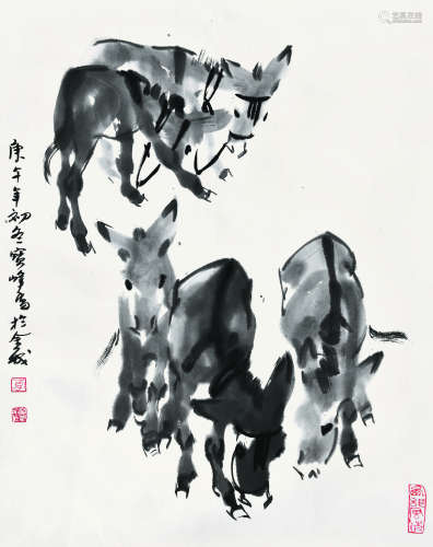 李宝峰（b.1938） 五驴图 镜心 水墨纸本