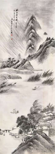 范振绪（1872～1960） 风雨归舟图 立轴 设色纸本