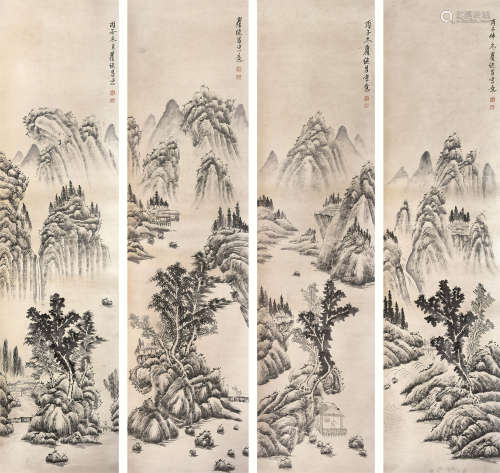 翟继昌（1770～1820） 山水 四屏立轴 水墨纸本