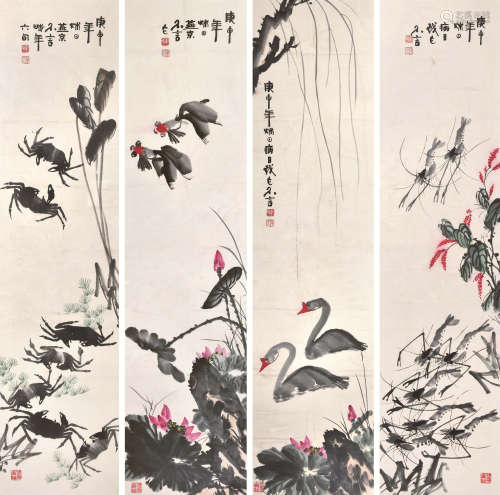 韩不言（1921～1996） 花鸟 四屏镜框 设色纸本