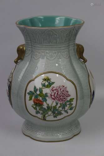 Chinese Famille Rose Celadon Zun Vase